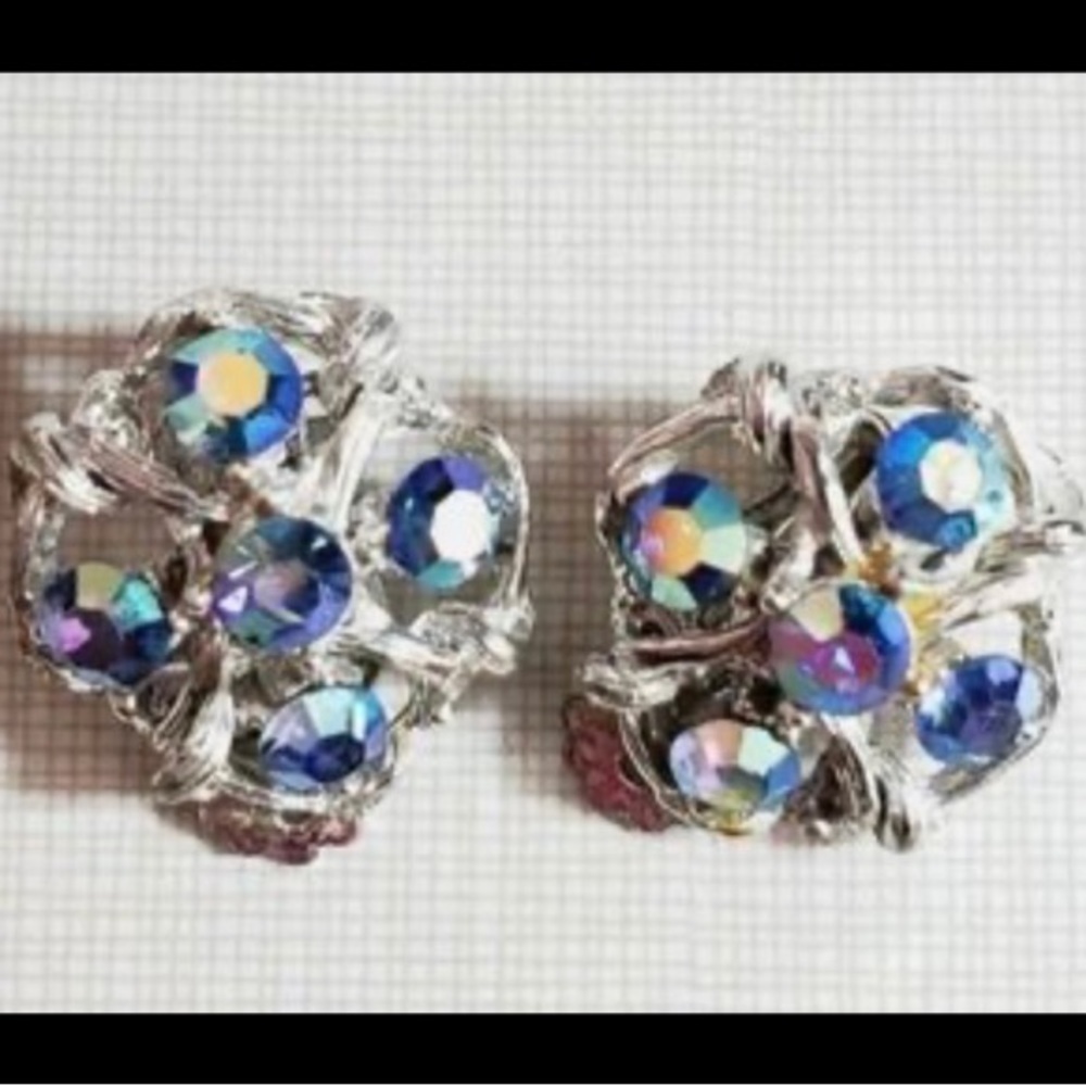 Vintage Blue Aurora Borealis AB Rhinestone Clip On Earrings Silver Tone Textured